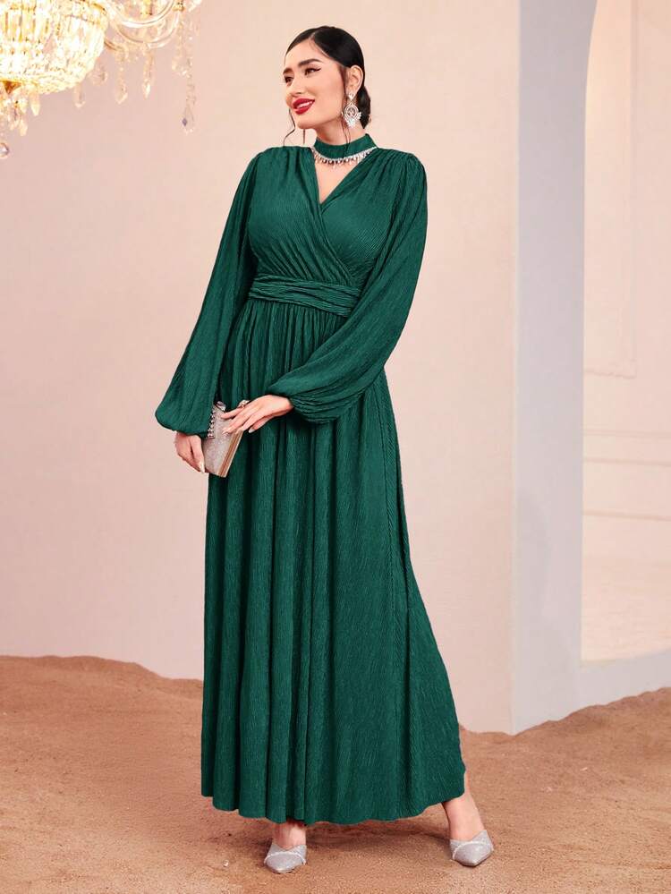 Solid Color Hollow Out Waist Cinched Lantern Sleeve Dress