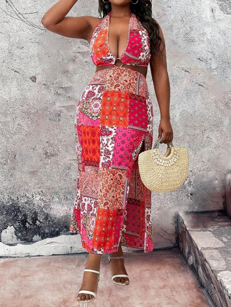 Plus Size Vintage Print V-Neck Halter Strap Sleeveless Split Dress