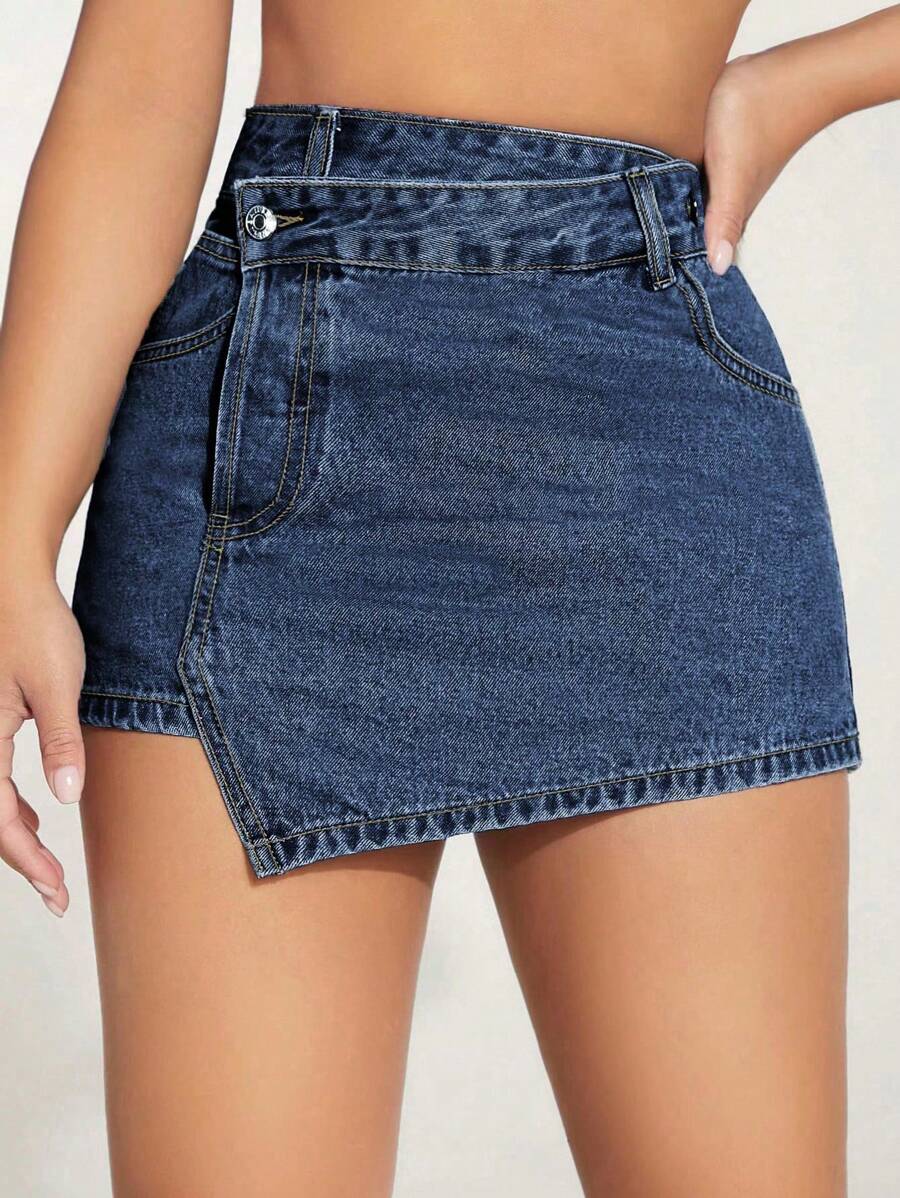 SHEIN PETITE High Waist Asymmetrical Hem Denim Skort - Dark Wash - View 1