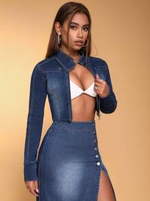 SHEIN BAE Zipper Fly Crop Denim Jacket - Blue - View 5