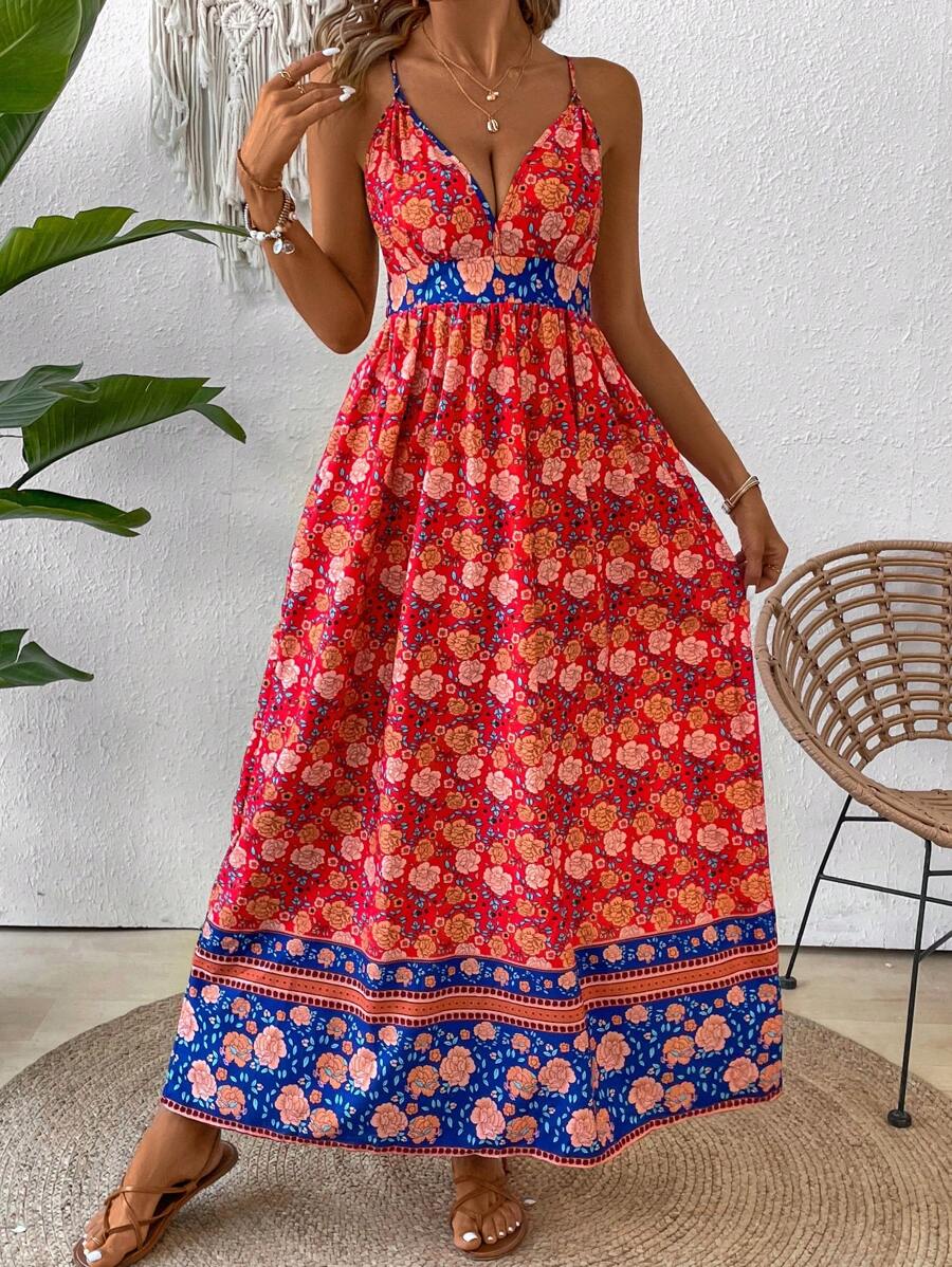 SHEIN Holidaya Váy Halterneck hở lưng in hoa khối màu dành cho nữ - Đỏ - Xem 1