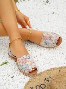 女性撞色露跟時尚夏天平底涼鞋 - 彩色 - 查看 2