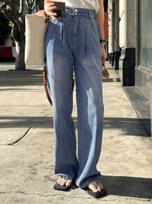 DAZY Của phụ nữ Gấp lại Xếp li Quần legging thẳng - Rửa nhẹ - Xem 1