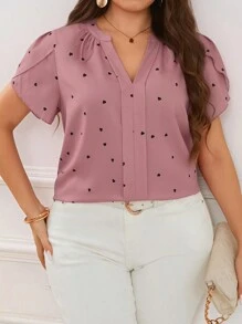 Reflora 大碼愛心印花剪裁翻領休閒時尚短袖襯衫,適用於春季和夏季 - 藕粉色 - 查看 4