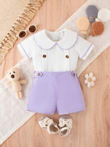 Baby Girl Lovely Elegant Casual Summer Peter Pan Collar Outfit - Purple - View 1