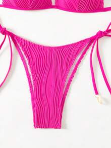 SHEIN Swim 夏季海滩女士纯色挂脖式后系带两件套比基尼套装 - 玫紅色 - 查看 5