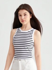 SHEIN Teen Girl Summer Knitted Striped Short Sleeve Round Neck Tank Top - Black and White - View 9