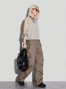 SHEIN EZwear لباس علوي محبوك نسائي بدون أكمام بتأثير متهالك عارض - رمادي فاتح - مشاهدة 3