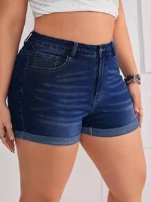 EMERY ROSE Plus Size Rolled Hem Washed Denim Shorts - Dark Wash - View 4