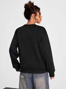 Coolane 女士休闲肖像与字母印花宽松落肩圆领运动衫 - 黑色 - 查看 2