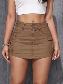 Flexra Của phụ nữ Màu thuần Quần short Denim Với Túi - màu nâu - Xem 6