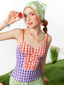 SHEINNeu TOMOTO GIRL Women's Checkered Summer Fashion Camisole Top - Red - View 5
