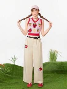 SHEINNeu Women's Cartoon Embroidered Straight-Cut Pants - Apricot - View 4