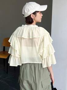 FRIFUL Chemise Pour Femmes En Tissu Jaune Avec Volants Multicouches, Liens Avant Pour L'été.