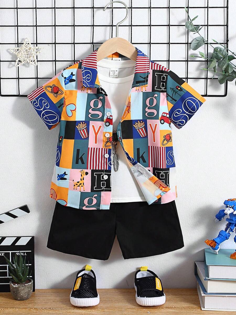 2入組幼兒男童可愛休閒印花領襯衫,帶一個口袋和純色短褲,適合外出、度假、學校、春夏季節穿著 - 藍色 - 查看 1