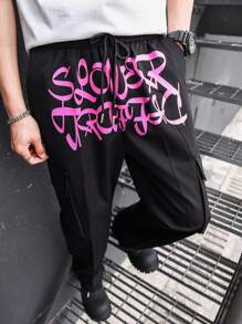 Manfinity EMRG Loose Fit Men's Cargo Pants With Letter Print - Black - View 3