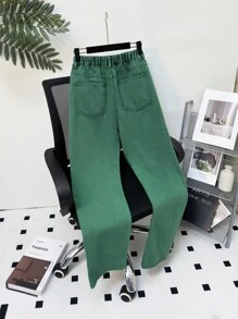 SHEIN Teen Boy Stylish Washed Loose Straight Leg Green Jeans,Baggy Pants,For Spring And Summer Outfits