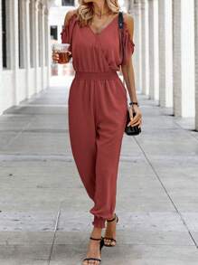SHEIN Clasi Off-Shoulder V-Neck Jumpsuit For Summer - Red - View 5