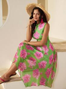 GENKIRA Women's Random Floral Print Asymmetrical Hem Sleeveless Dress For Summer - Multicolor - View 4