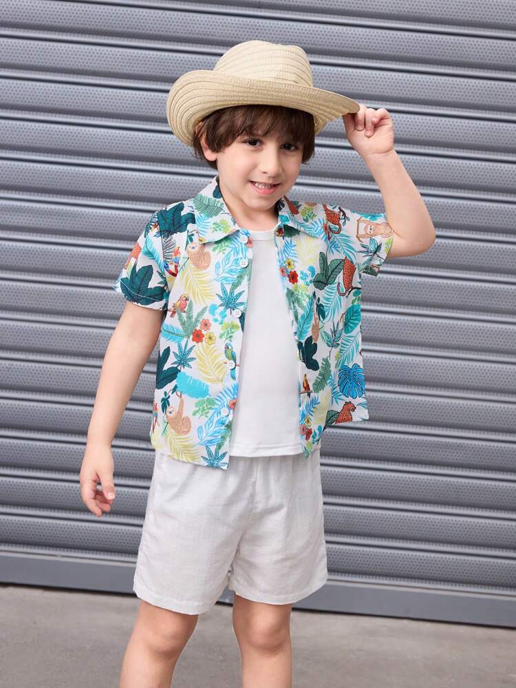 2pcs/Set Young Boy Tropical Plant & Animal Printed Short Sleeve Shirt And Shorts
