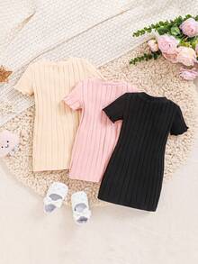 SHEIN Conjunto De 3 Piezas Vestido Tejido Casual De Manga Corta Y unicolor Para Bebé Niña - Albaricoque - Ver 2