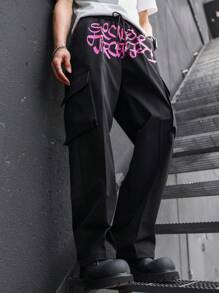 Manfinity EMRG Loose Fit Men's Cargo Pants With Letter Print - Black - View 5