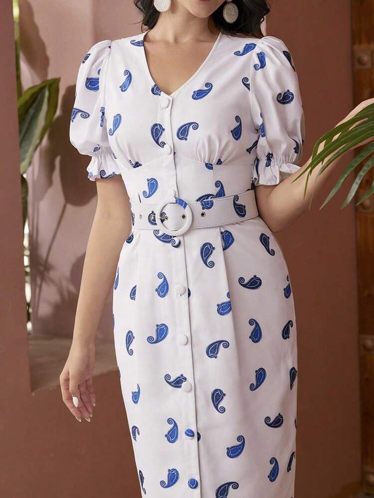 Women's Slit Front Button-Front Cashew Flower Print Dress
