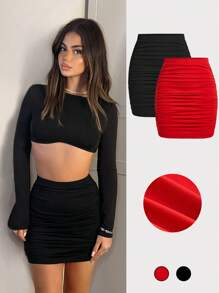 SHEIN BAE Falda Cuerpocon Con Pliegues Sólidos De Color Para Mujer - Negro - Ver 1
