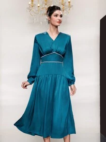 Modelyn Woven Belt Patchwork Lantern Sleeve Dress Long Evening Dresses - Navy Blue - View 5