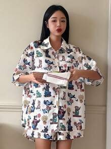 DAZY Women's Cute And Delicate Cartoon Pattern Short Sleeve And Shorts Pajama Set White Set Summer