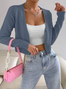 SHEIN Unity Màu Macron Tối giản Áo len Mở Với Mặt trước - Màu xanh bụi bặm - Xem 3