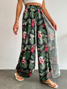 SHEIN Cottnline Tropical Print Botanical Floral Double Slit Wide Waistband Pants, Women Bohemia Style Summer Vacation Pants - Multicolor - View 5