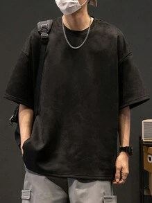 1件男士休闲纯色圆领轻薄绒面短袖T恤，夏季 - 黑色 - 查看 1