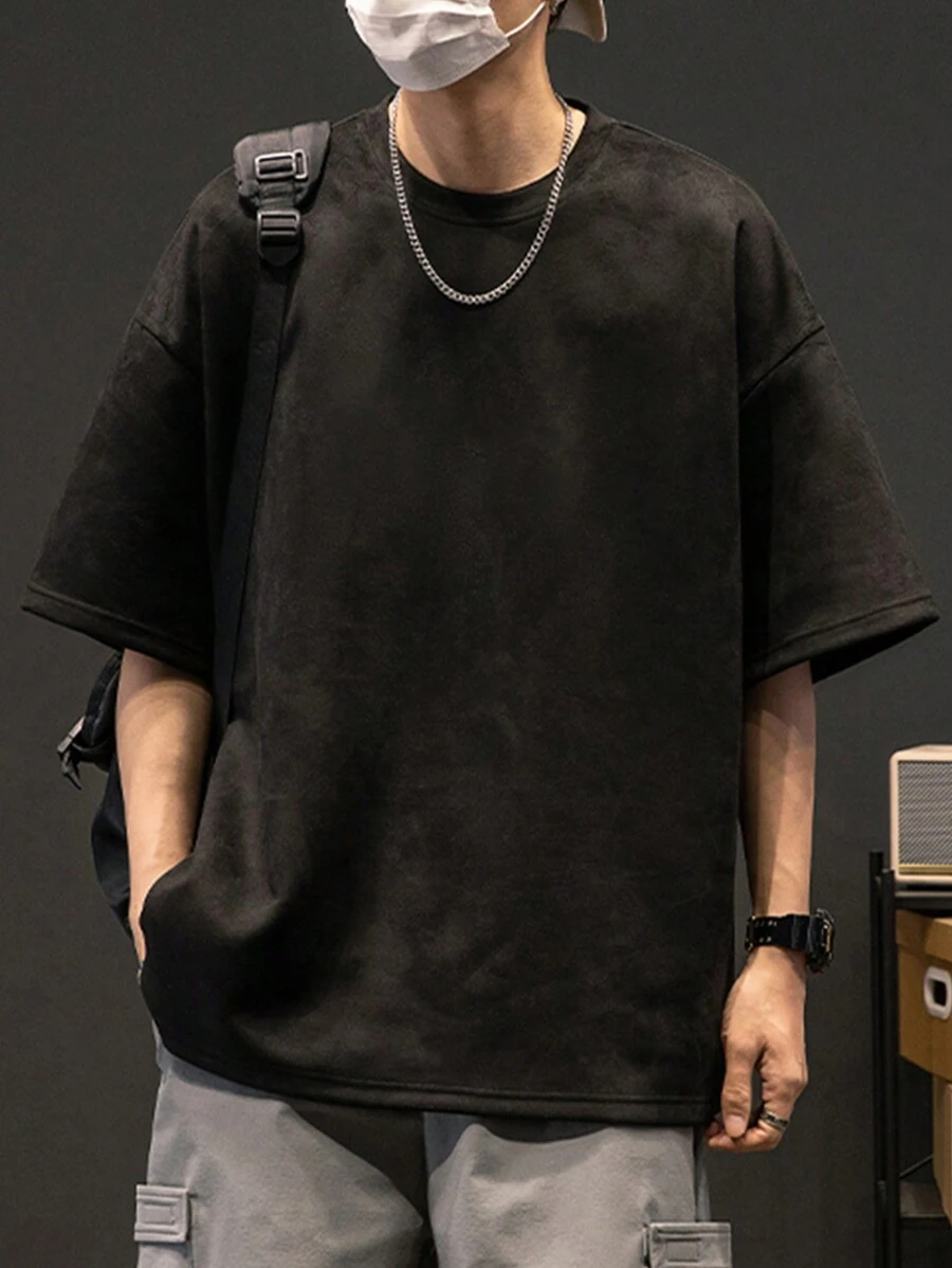 1件男士休闲纯色圆领轻薄绒面短袖T恤，夏季 - 黑色 - 查看 1