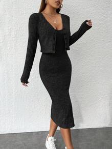 SHEIN PETITE Women's Solid Knit Spaghetti Strap Dress And Long Sleeve Button-Front Cardigan Set, Suitable For Spring/Fall