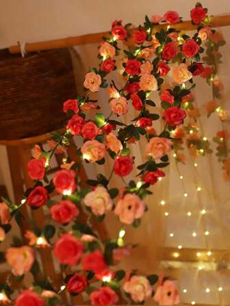 1 pièce 2m 20 LED Guirlande de roses rouges et roses, Vigne de roses lumineuses Décoration murale de mariage Fond romantique Accessoires Plantes de roses artificielles