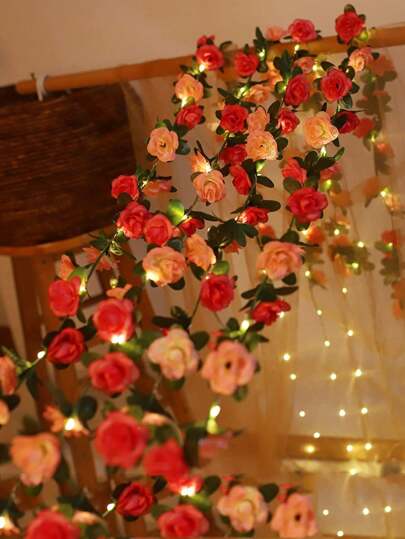 1 件 2 米 20led 红色和粉色玫瑰花环仙女灯，发光玫瑰藤蔓婚礼墙面装饰背景浪漫场景道具人造玫瑰植物