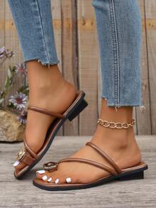 女士夏季戶外低跟金屬裝飾趾環涼鞋 - 巧克力棕 - 查看 1