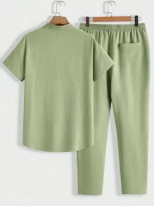 Manfinity Homme Nam Màu thuần Cổ Vết đẻo Ngắn tay Áo thun Và Eo dây rút Quần - màu xanh lá - Xem 2