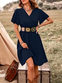 Breezaya Women's Short Sleeve Lotus Leaf Hem Floral Pattern Dress Vacation Beach Outfit - Navy Blue - View 3