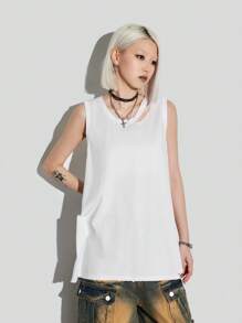 SHEIN Coolane Mùa hè Của phụ nữ Xu hướng: Cắt giảm Toàn trận Áo ba lỗ Cho mùa xuân & Mùa hè - trắng - Xem 7
