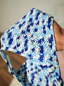 Damen Sommer Batik Crop Top mit gekreuzten Schnürungen und dreieckiger Bikini Cover-Up - Blau - Übersicht 8