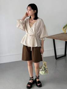 FRIFUL Women's Casual Spring/Summer Shirt With Belt, Drop-Shoulder Sleeve And Patchwork Design,Ruffle Long Sleeve Top - Apricot - View 2