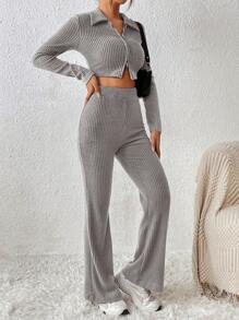 SHEIN PETITE 女式纯色罗纹运动服，配修身拉链夹克和喇叭裤 - 灰色 - 查看 7