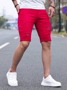 Manfinity Homme Men's Solid Color Ripped Denim Shorts Jorts - Red - View 4