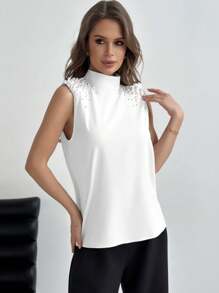 Aloruh Camisa De Cuello Alto Para Mujer Con Hombro Acolchado De Color Sólido Y Decoración De Perlas, Adecuada Para El Verano