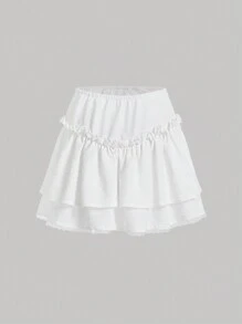 SHEIN MOD Casual Solid Frill Trim Layered Hem Skirt - White - View 1