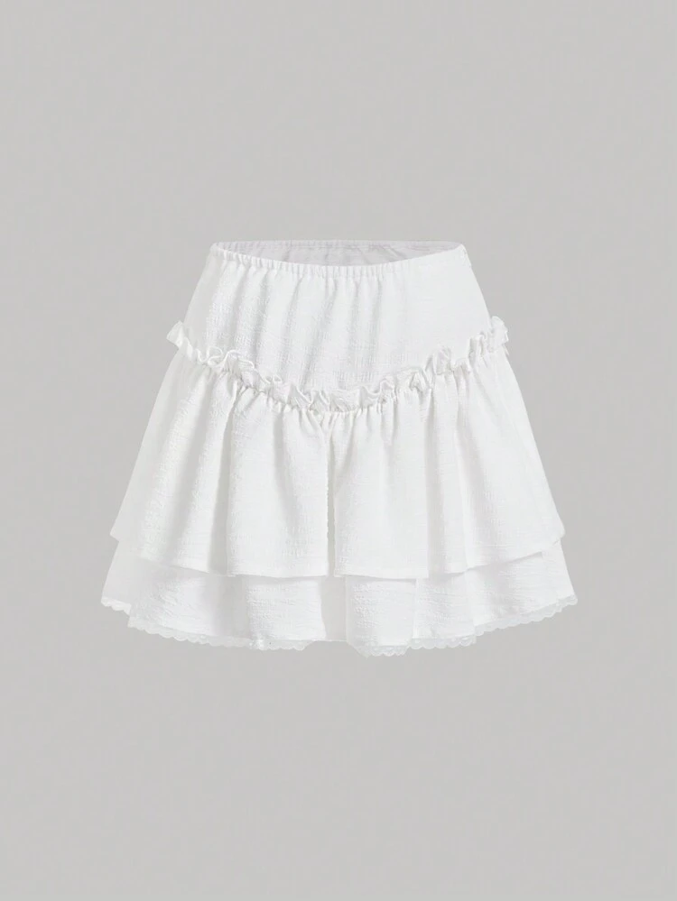 Casual Solid Frill Trim Layered Hem Skirt