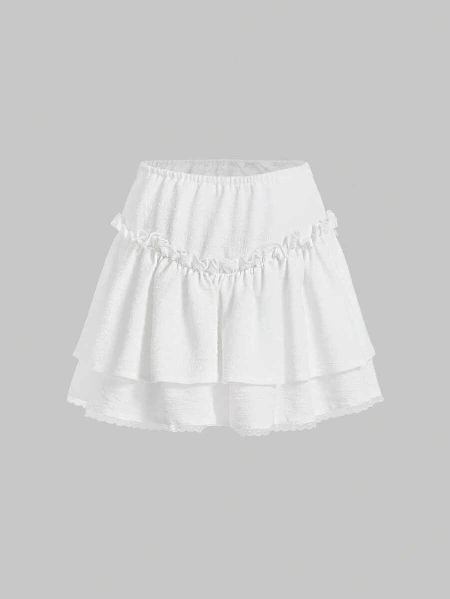 SHEIN MOD Casual Solid Frill Trim Layered Hem Skirt - White - View 1