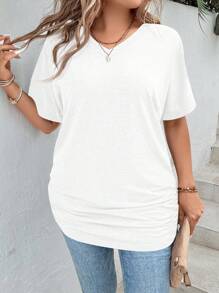 EMERY ROSE Plus Size Women's Summer Solid Color V-Neck Short Sleeve Pleated Casual T-Shirt